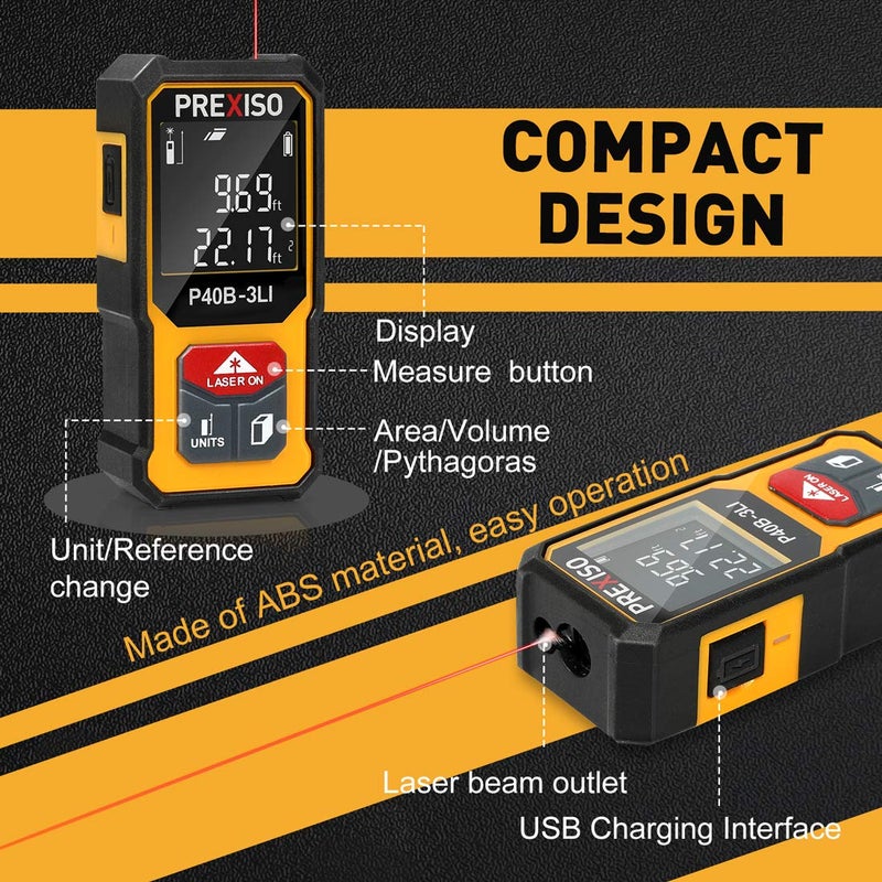 PREXISO Mini Laser Measurement Tool, 135Ft Rechargeable Laser Distance Meter Ft/Ft+in/in/M Unit, Laser Measure with High Accuracy, Pythagorean, Distance, Area, Volume Modes - Image 5